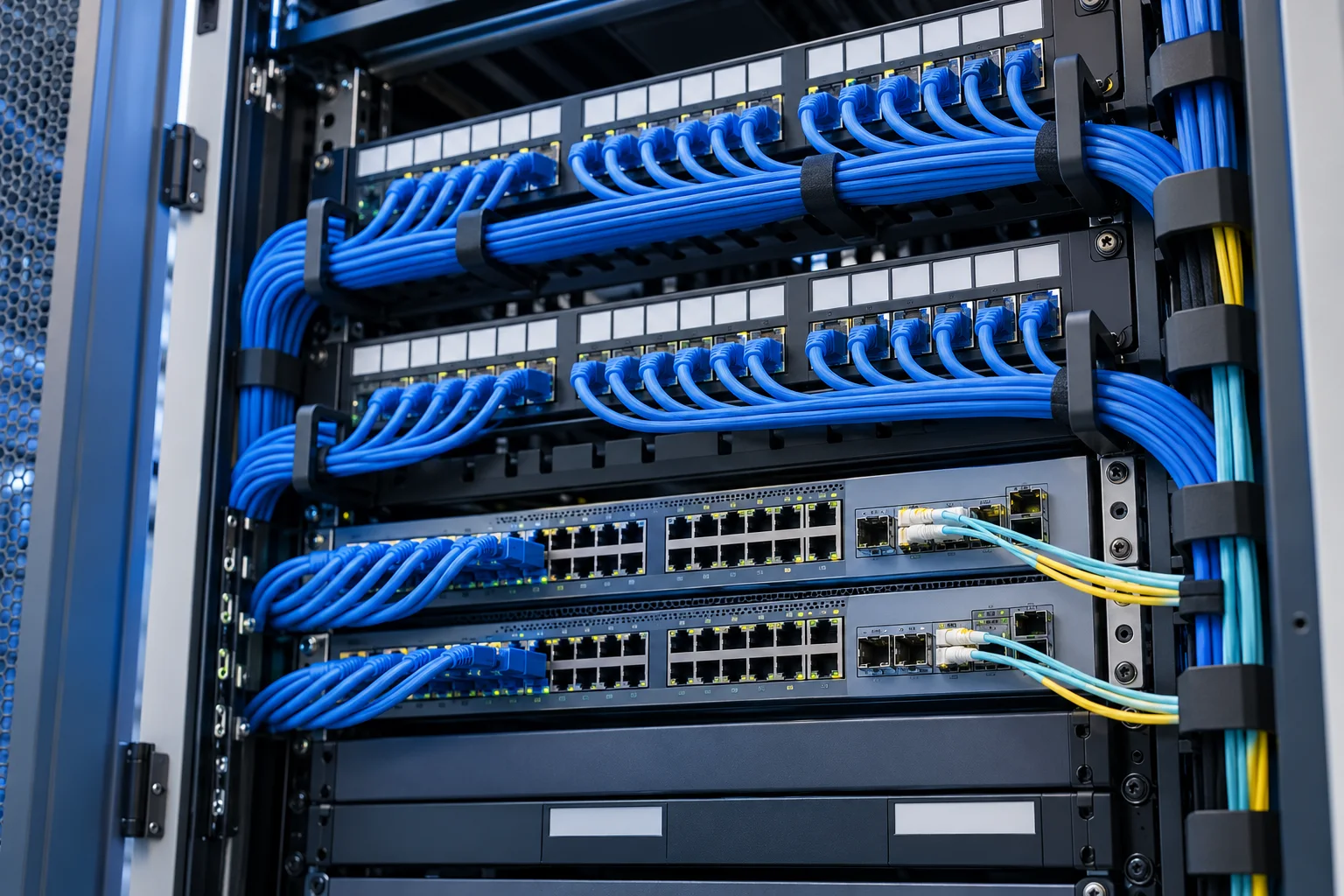Netzwerkschrank mit Patchpanels, Switches und geordneten Kabeln
