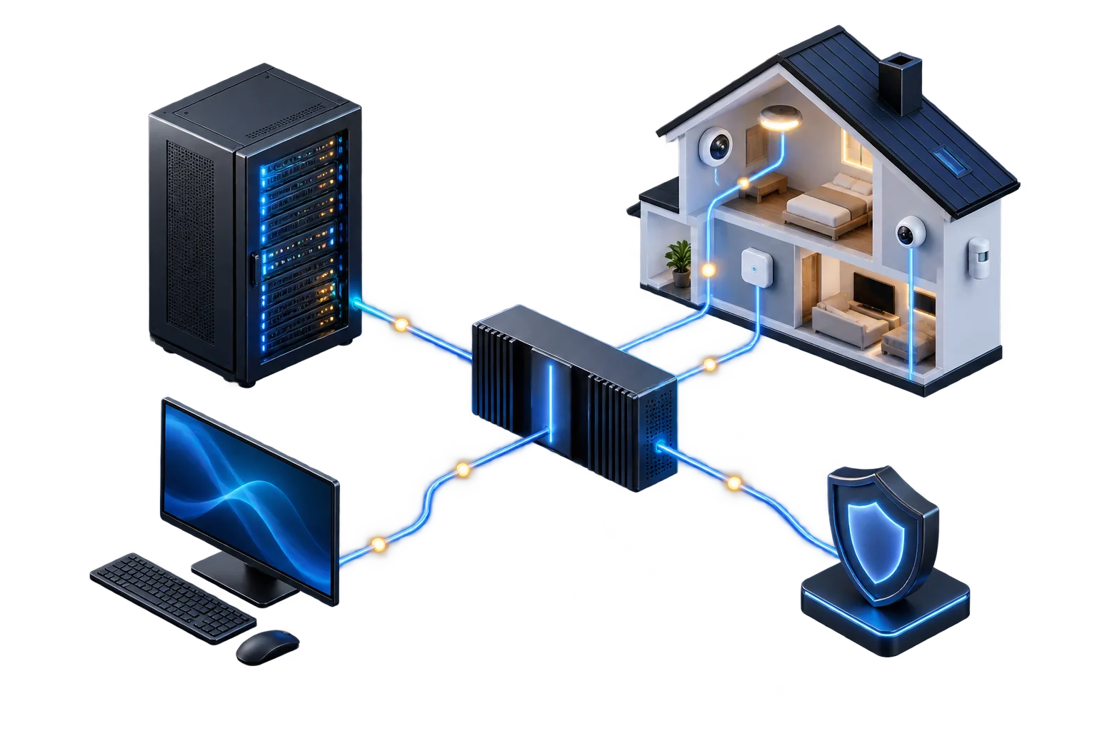Netzwerk aus Router, Servern und verbundenen Geräten