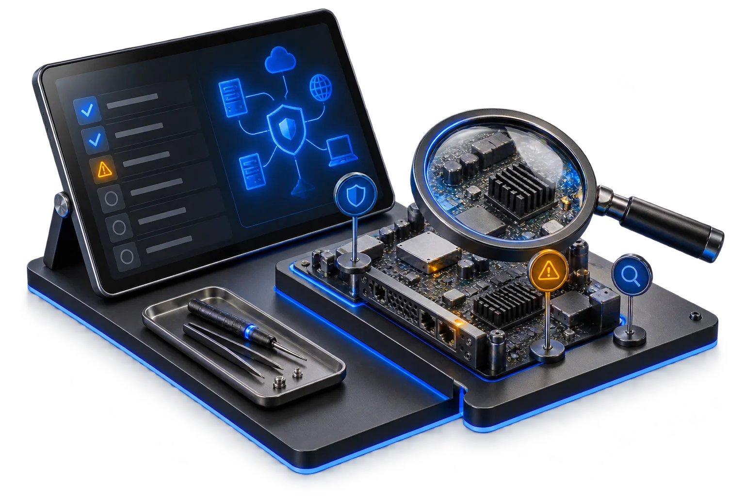 Assessment bench with network map, checklist and firewall inspection