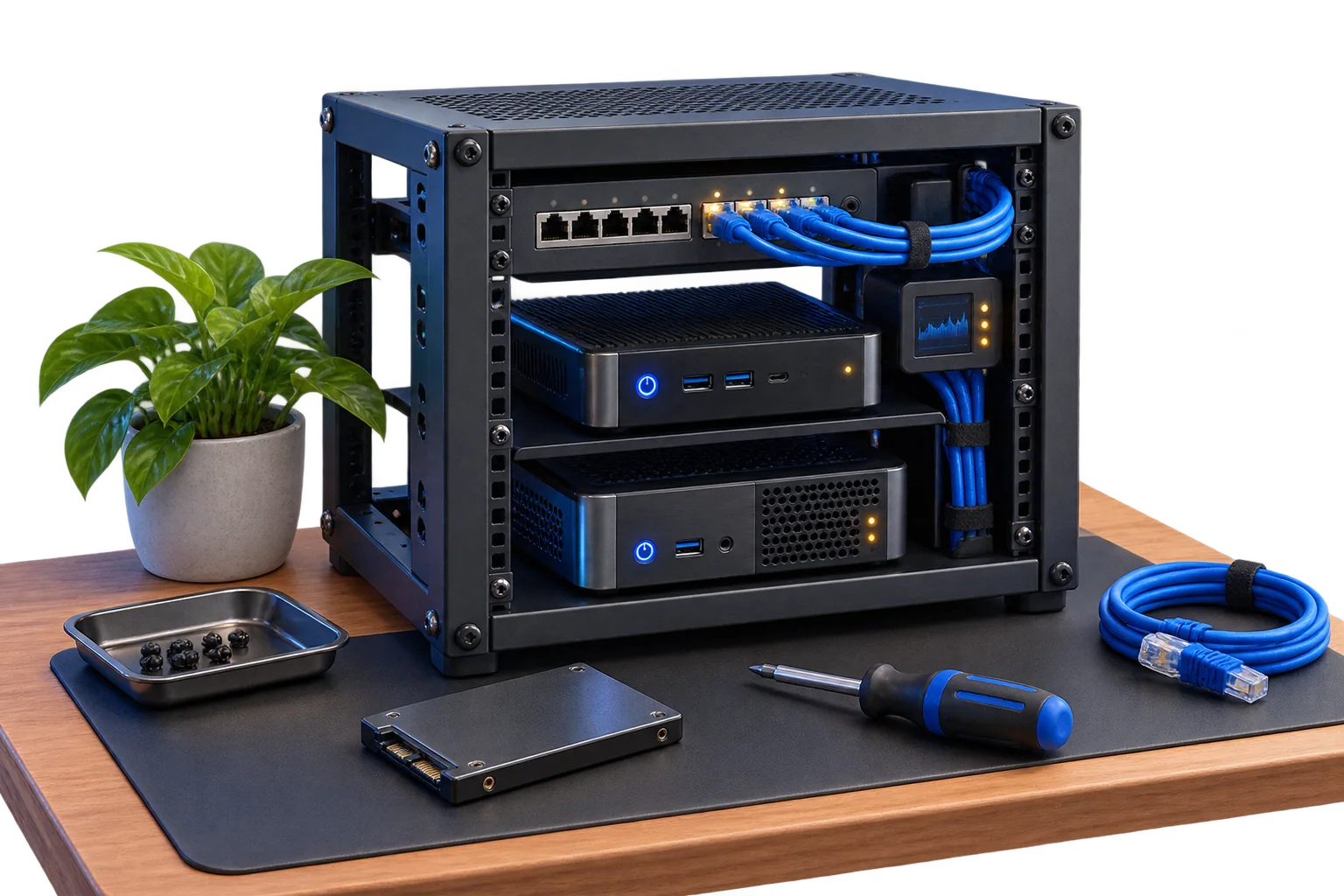 Kleiner Rack-Aufbau mit Mini-PCs, Patchpanel und Werkzeug