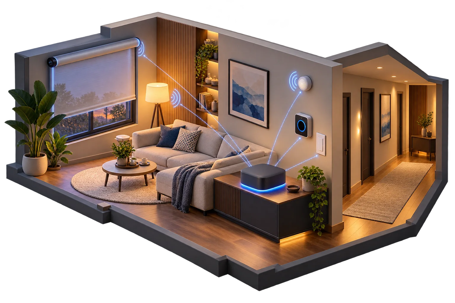 Wohnraum mit lokalem Hub, Sensoren, Licht und Beschattung