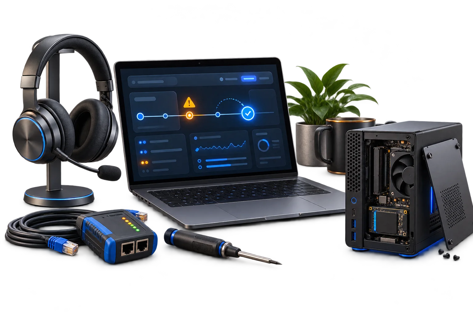 Laptop diagnostics with headset, network tester and mini PC